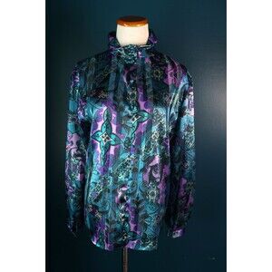 Vintage Tess Abstract Satin Button Down Shirt Jewel Tones Artsy Maximalist 10